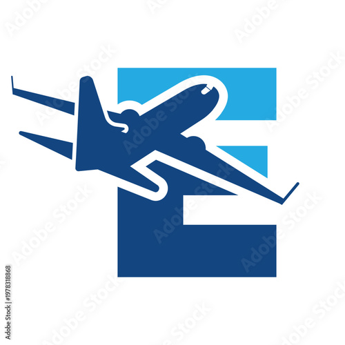 This is a monogram logo design that depicts an initial letter F with an airplane flying on it. The logo looks modern and clean in blue colors on a white background. 