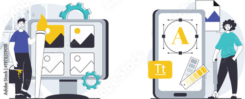 A pair of people using a washing machine in a laundromat setting