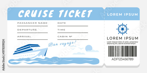 Cruise boarding pass template with ocean liner and sea background illustration, blank information fields and text. Vector template for cruise travel