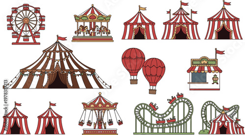 Set of Carnival and Amusement Park Rides Including Ferris Wheel, Roller Coaster, Carousel, and Hot Air Balloons for Festive, Fun Fair, and Entertainment Designs