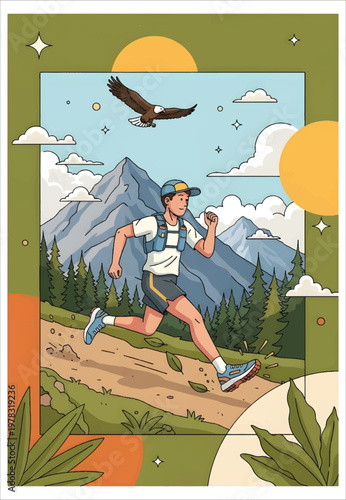 An athletic man running on a mountain trail with an eagle flying overhead amidst trees and peaks under a bright sun vector design