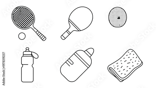 Sporting Essentials: A collection of sports equipment, including a tennis racket, table tennis racket, tennis ball, water bottle, and sweat-absorbent towel, offers a range of sporting activity. 