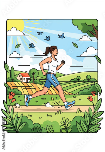 Active Woman Jogging Outdoors in a Scenic Rural Landscape with Rolling Hills and Sunshine Vector Design