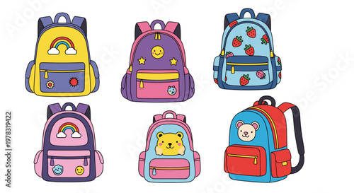 Set of colorful children backpacks with different designs like rainbows strawberries bears and smiley faces for back to school time.