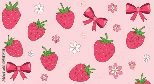 Sweet strawberry pattern with red berries white and pink flowers and pink bows on a light background for fabric and wallpaper design.