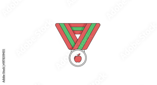 Silver medal with red and green ribbon featuring apple icon center