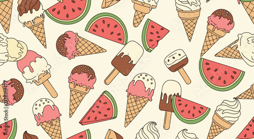 Fun summer pattern featuring various ice cream cones chocolate popsicles and watermelon slices on a creamy off-white background.
