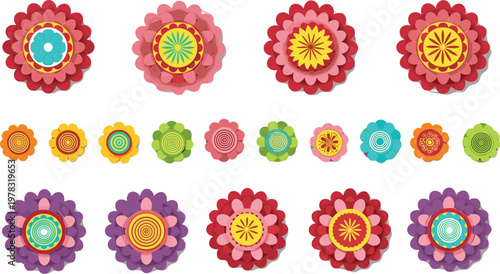 Set of Colorful Layered Flowers with Geometric Patterns for Floral, Decorative, and Craft Design Elements