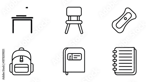 Back to School Essentials: A collection of simple, yet essential school supplies, illustrated with clean lines and a modern aesthetic. Ideal for educational materials and design projects.