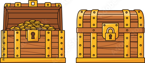 Treasure chest vector set featuring open and closed wooden chests filled with gold coins in cartoon style illustration isolated on clean background