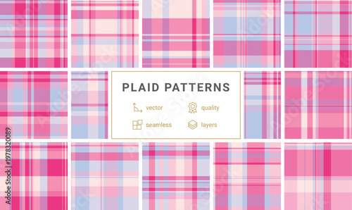 Plaid bundle for womens fashion marketing kits. Multiple tartan styles support lookbooks, branding, and e-commerce visuals. Vector files remain editable.