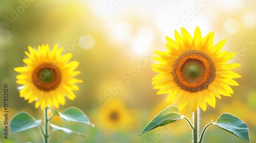 Vibrant golden sunflowers in a vast field basking under the warm summer sun with blue skies.