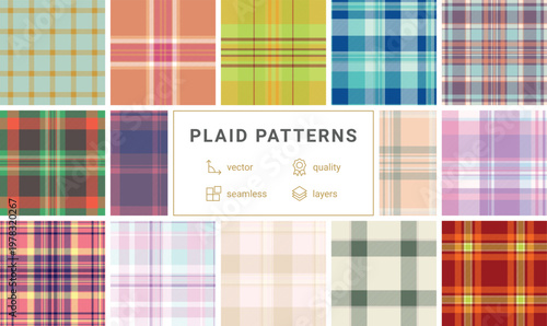 Plaid pack designed for British and lumberjack-themed creative projects. Seamless vector patterns ideal for fashion, home decor, and digital backgrounds.