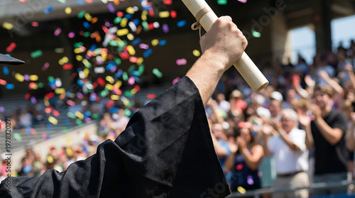 A graduate holds up a diploma in celebration as confetti rains down on a cheering crowd
