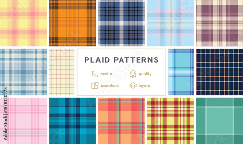Plaid pack perfect for lumberjack-style shirts, jackets, and casual fashion. Vector patterns ideal for British heritage-inspired apparel and digital backgrounds.