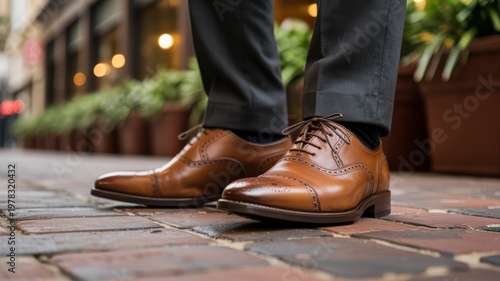 Close up of elegant brown leather oxford brogue shoes on a man walking on a city sidewalk