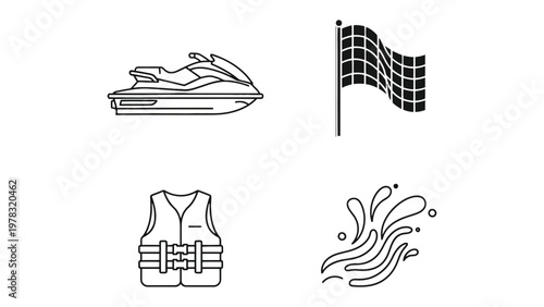 Water Sport Elements: An assortment of elements symbolizing water sports, including a sleek jet ski, a checkered flag, a safety vest, and stylized water splash.