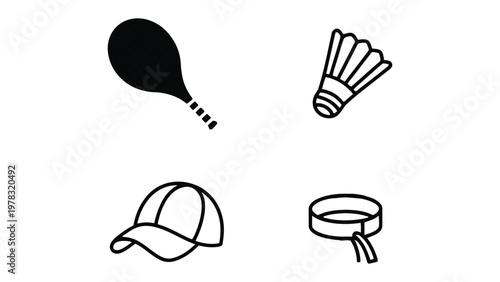 Sports Essentials: A graphic illustration of sports equipment, ideal for various recreational activities. Featuring badminton, baseball cap, racket, and a sweatband.