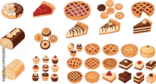 Set of Delicious Desserts Including Cakes, Pies, Donuts, and Pastries for Bakery, Sweet Treats, and Dessert Designs