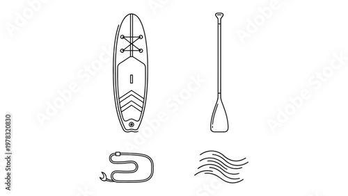Paddleboard Set Icon: A comprehensive icon set showcases a paddleboard, paddle, life vest, and water waves, providing all the essentials for a day of aquatic fun.