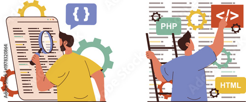 Developers collaborating on a web development project using php and html