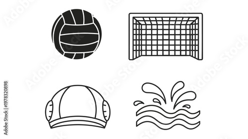 Sport Essentials: An artful illustration showcases a collection of sport essential elements, including a volleyball, a goalpost, swimming cap, and water splash, ideal for design.