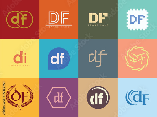 DF logo company template. Letter d and f logotype. Set different classic serif lettering and modern bold text with design elements. Initial font typography.