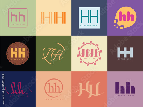 HH logo company template. Letter h and h logotype. Set different classic serif lettering and modern bold text with design elements. Initial font typography.