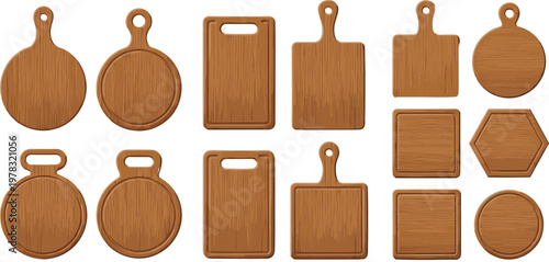 Wooden cutting board vector set featuring various shapes of kitchen chopping boards in realistic flat style isolated on clean background