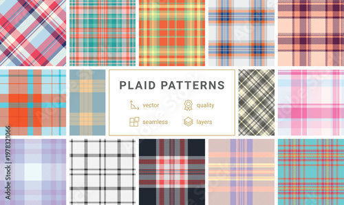 Plaid pattern set optimized for lookbooks and fashion catalogs. Strong tartan rhythm highlights womens collections. Vector scalability enables size freedom.