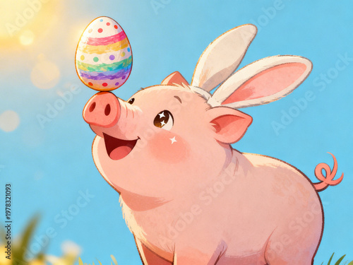 Happy Easter concept, holiday greeting card long banner panorama, funny animal - Cute pig piglet with Easter bunny ears and easter egg, isolated on blue background