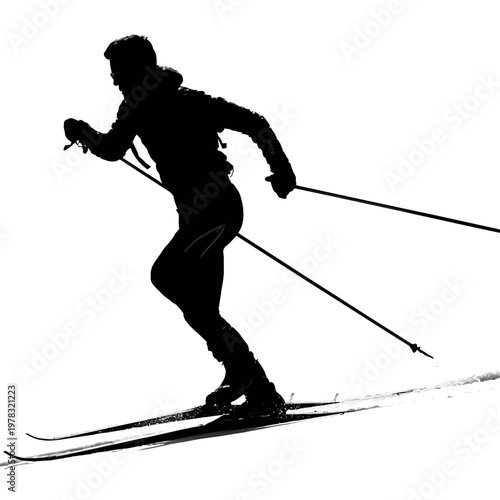 Silhouette of a Cross-Country Skier Gliding with Poles in Dynamic Winter Sports Action