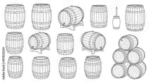 Detailed set of hand drawn wooden barrel illustrations showing various perspectives and stacks suitable for wine beer or cider storage concepts.