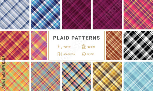 Plaid pattern pack created for labels and small projects. Coordinated tartan designs add charm and style. Vector precision ensures clarity.