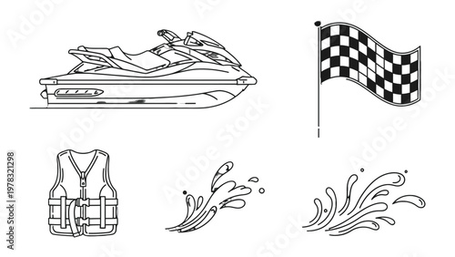 Watercraft Summer Fun: Vector graphics of a jet ski, a checkered flag, a life jacket and water splash elements, creating a sense of adventure and excitement.