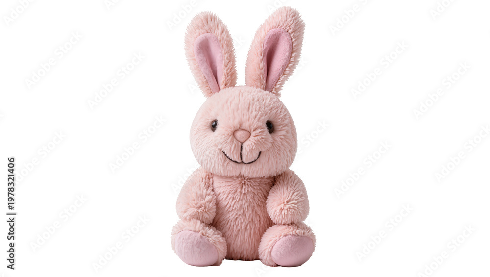 Obraz premium Fluffy pink bunny plush toy with embroidered smile, isolated on transparent background