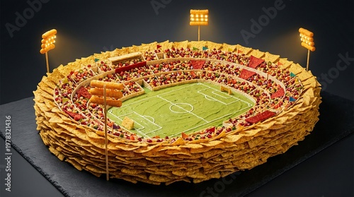 Creative cake design resembling a soccer stadium made of nachos  