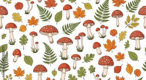 Enchanting seamless pattern featuring a variety of forest mushrooms and autumn leaves in earthy tones on a clean white background for textile.