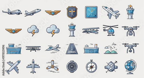Collection of Aviation Icons and Symbols for Transportation and Technology.