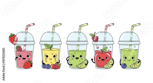 Adorable set of cartoon smoothie characters in plastic cups featuring happy faces fruit garnishes and colorful striped straws for kids.