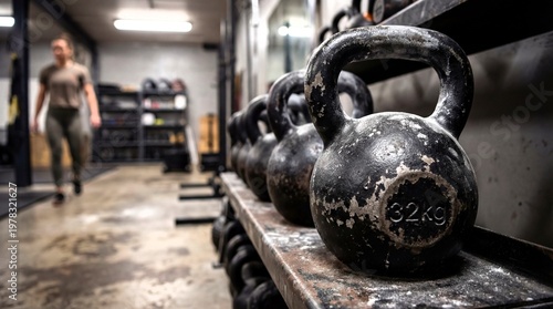Heavy kettlebells in gym for strength training and intense workouts