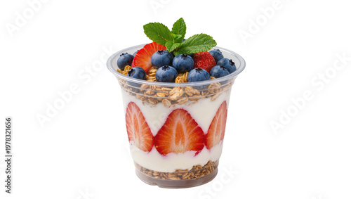 Layered yogurt parfait with strawberries blueberries granola and mint, isolated on transparent background