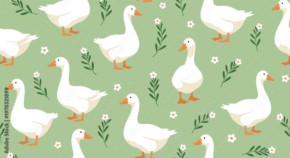 Obraz premium Charming seamless pattern of white ducks standing and walking among small delicate flowers on a soft green background for nursery wallpaper.