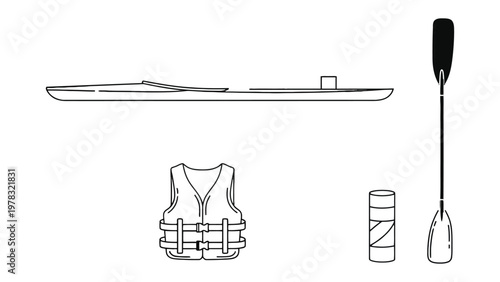 Kayaking Equipment Illustration: Essential gear for a kayaking adventure, including a kayak, paddle, life vest, and dry bag, meticulously illustrated in clean lines.