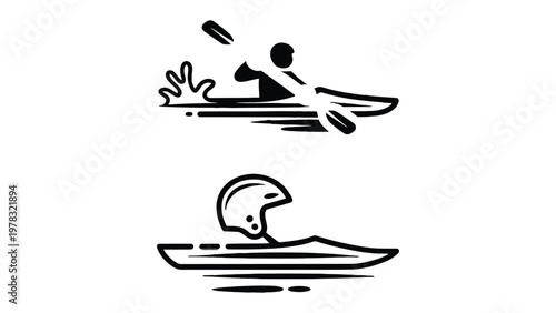 Kayaking Adventure: A line art illustration showcases the thrill of kayaking, depicting a kayaker navigating the waters and a helmet symbolizing safety in this exciting water sport.