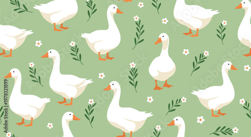 Charming seamless pattern of white ducks standing and walking among small delicate flowers on a soft green background for nursery wallpaper.