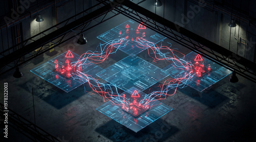 Digital network security alert with red warning icons and nodes