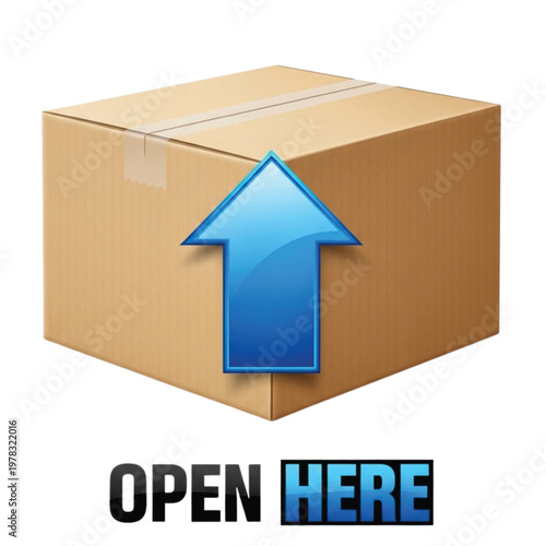 Essential graphic illustration of a brown cardboard box featuring a prominent blue arrow and 'OPEN HERE' instruction, perfect for delivery, unboxing, or content access themes