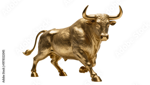 Fotografía Shiny golden bull statue charging forward, isolated on transparent background