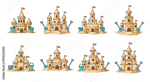 Fun collection of various sandcastle illustrations featuring towers flags buckets and shovels for summer beach vacation and travel themes.